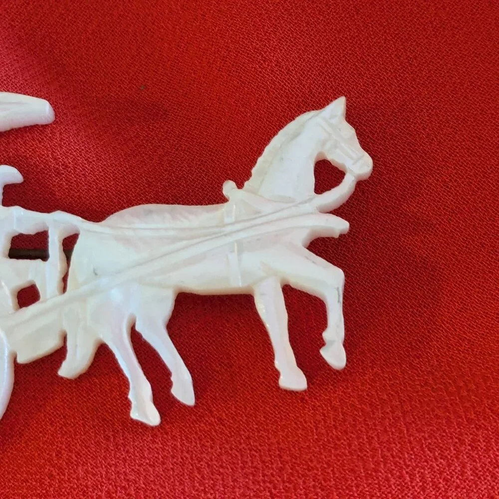 Vintage Hand Carved Mother of Pearl Horse & Carriage Brooch – From Philippines